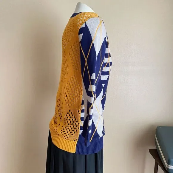 Copper Key L 100% Cotton Blue Gold Argyle Open Crochet 3/4 Sleeve Knit Cardigan - Picture 3 of 7